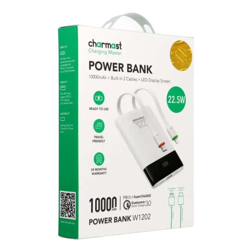 Charmast W1202 Power Bank | 10 000 mAh | 22,5W | PD | USB-C, Lightning | LED-näyttö | valkoinen – 5