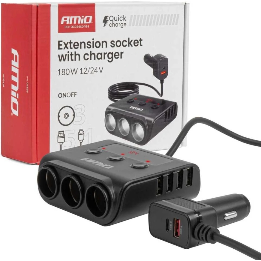 12/24V virtajako 4x USB-A QC3.0 PD3.0 180W AMIO-04835