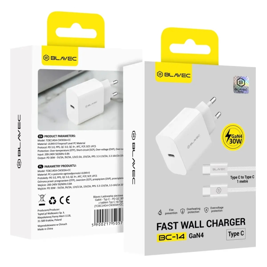 Blavec BC-14 GaN4 matkakhartsi | 30W | PD, QC, GaN, PPS | USB-C | USB-C -kaapeli mukana | valkoinen – 5
