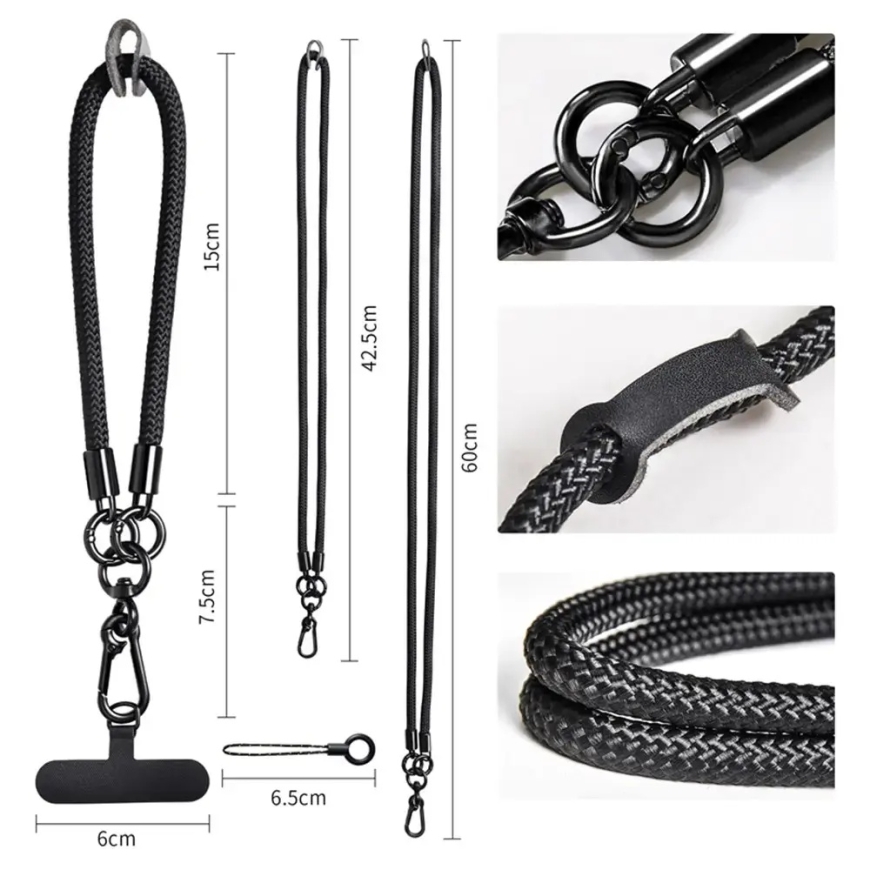 Kaulanauha puhelimelle ja hartioille 120 cm metallisoljella - musta – 5
