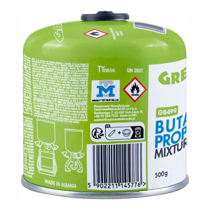 500g "GreenBlue" gas cylinder cartridge. Certificate: Pi 0437, complies with EN417 standard, butane-propane, temperature range f – 4