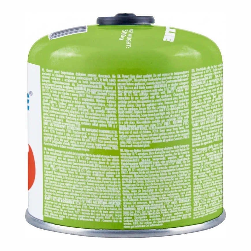 500g „GreenBlue“ gaasiballooni patroon. Sertifikaat: Pi 0437, vastab EN417 standardile, butaan-propaan, temperatuurivahemik -10 – 5