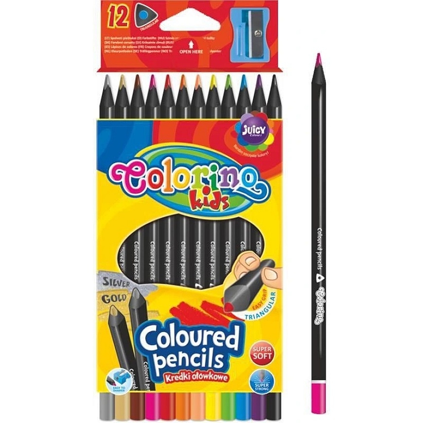 Colored pencils, triangular, Colorino Kids, 12 colors (gold, silver) black wood, with sharpener. – 2