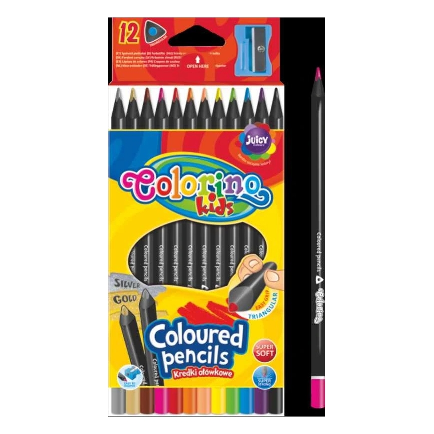 Krāsainie zīmuļi, trīs stūri, Colorino Kids, 12 krāsas (zelta, sudraba) melnas koka, ar asmenīti. – 3