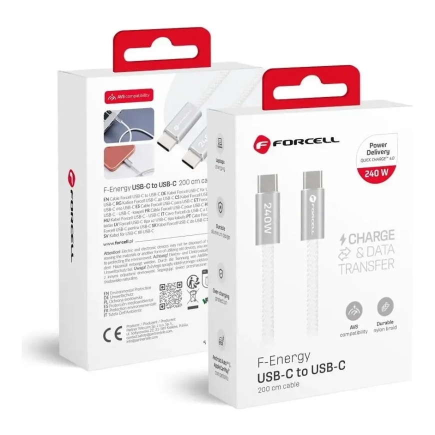Forcell F-Energy Cafule Color CBN1 andmeedastus- ja laadimiskaabel | USB-C kuni USB-C | QC 4.0, PD | 240W | 2m | valge