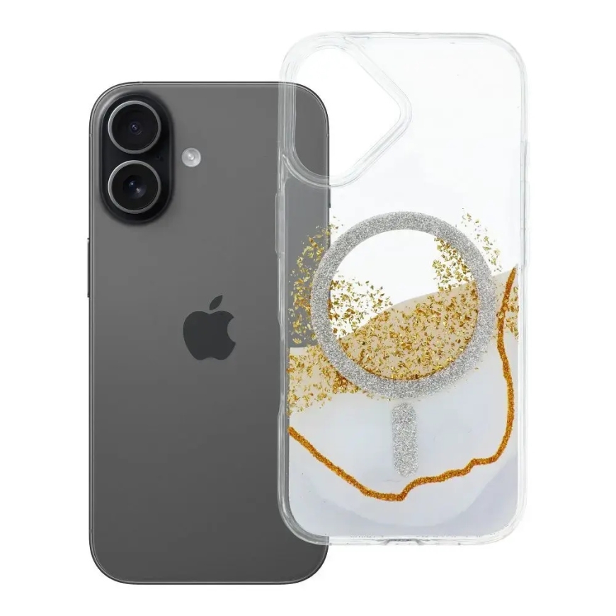 Kultainen puhelimen kuori MagSafe-tuella iPhone 17:lle valkoisena