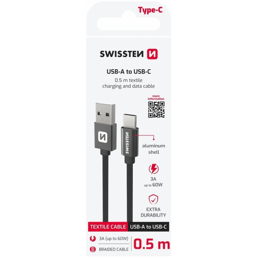 Swissten Textile USB / USB-C Data Cable 0.5 m Black