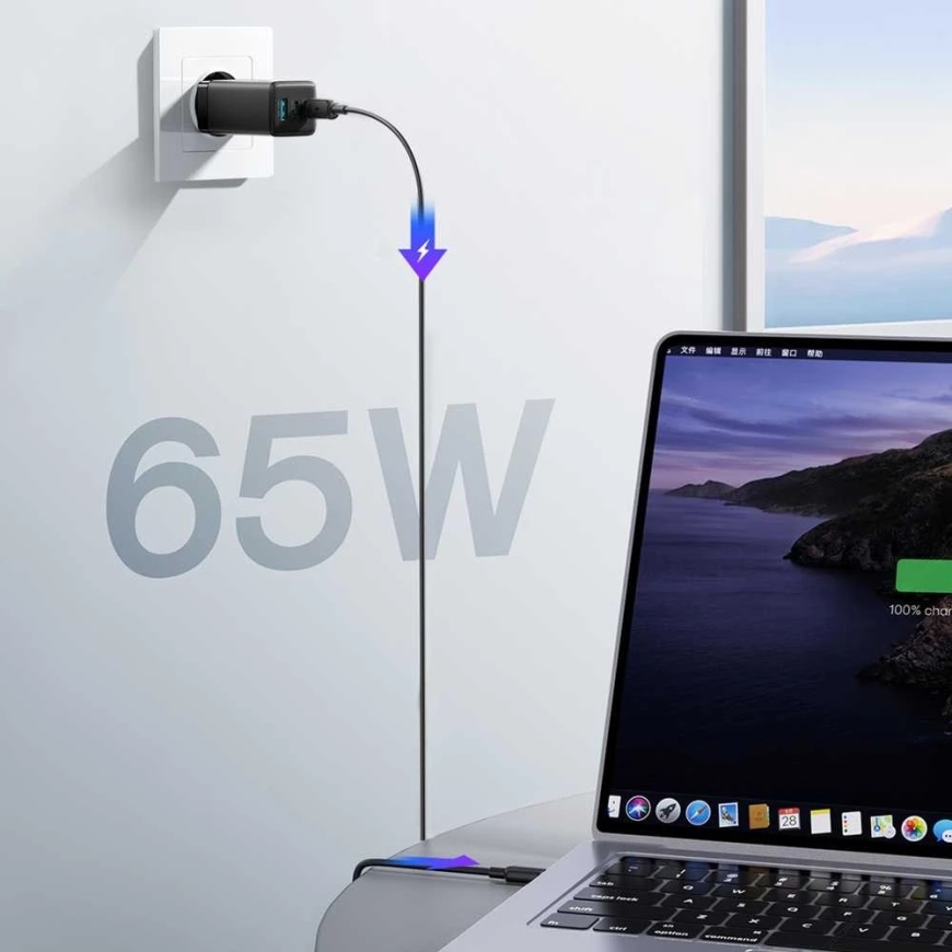 Joyroom JR-TG10 65W GaN 2x USB-C + USB-A sienas lādētājs ar 100W USB-C - USB-C 1,2 m kabeli - melns – 2