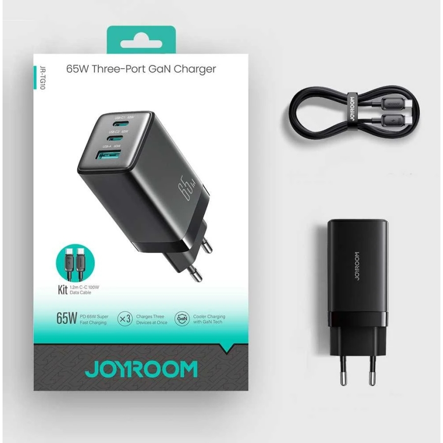 Joyroom JR-TG10 65W GaN 2x USB-C + USB-A настенное зарядное устройство с USB-C - USB-C 100W 1,2 м кабелем - черное – 3