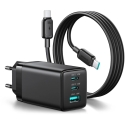 Joyroom JR-TG10 65W GaN 2x USB-C + USB-A настенное зарядное устройство с USB-C - USB-C 100W 1,2 м кабелем - черное Joyroom JR-TG10 65W GaN 2x USB-C + USB-A настенное зарядное устройство с USB-C - USB-C 100W 1,2 м кабелем - черное