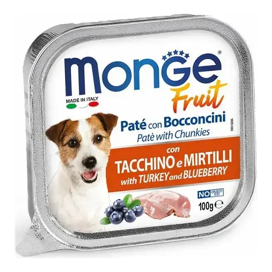 Monge Dog Fruit Pate ir Chunkies su kalakutais ir mėlynėmis — pilnavertis drėgnas pates maistas su kalakuto gabaliukais ir mėlyn