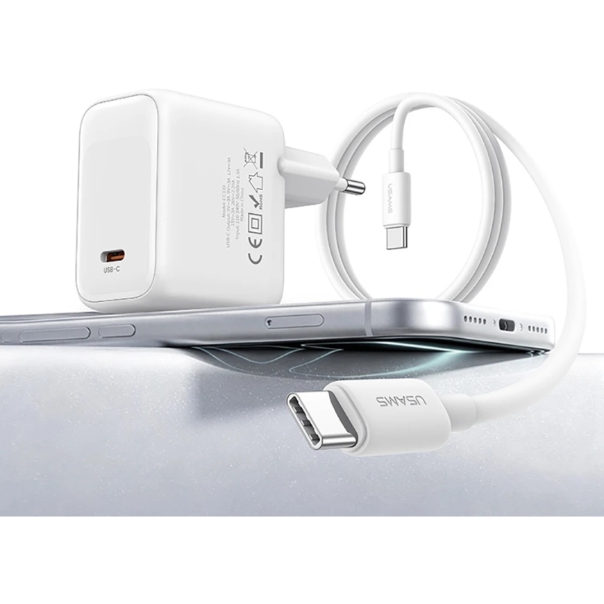 USAMS CC339 T76 45W GaN USB-C wall charger + SJ711 USB-C to USB-C cable (1m, white) – 3