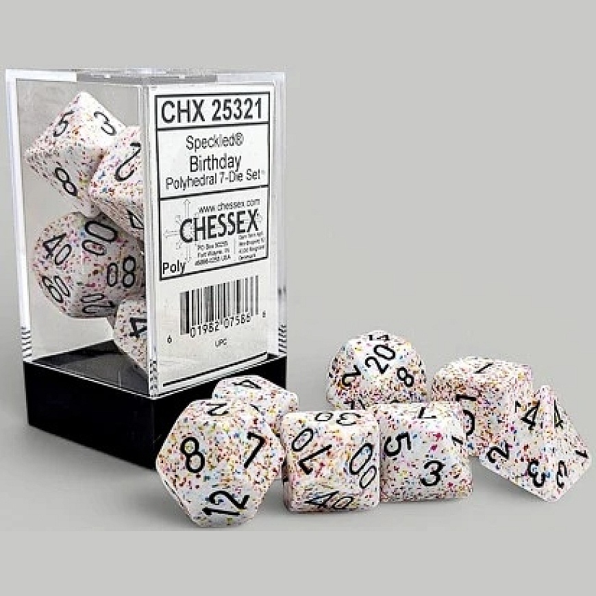 Chessex polyhedraalinen täpläinen syntymäpäivä/musta 7-noppapakkaus