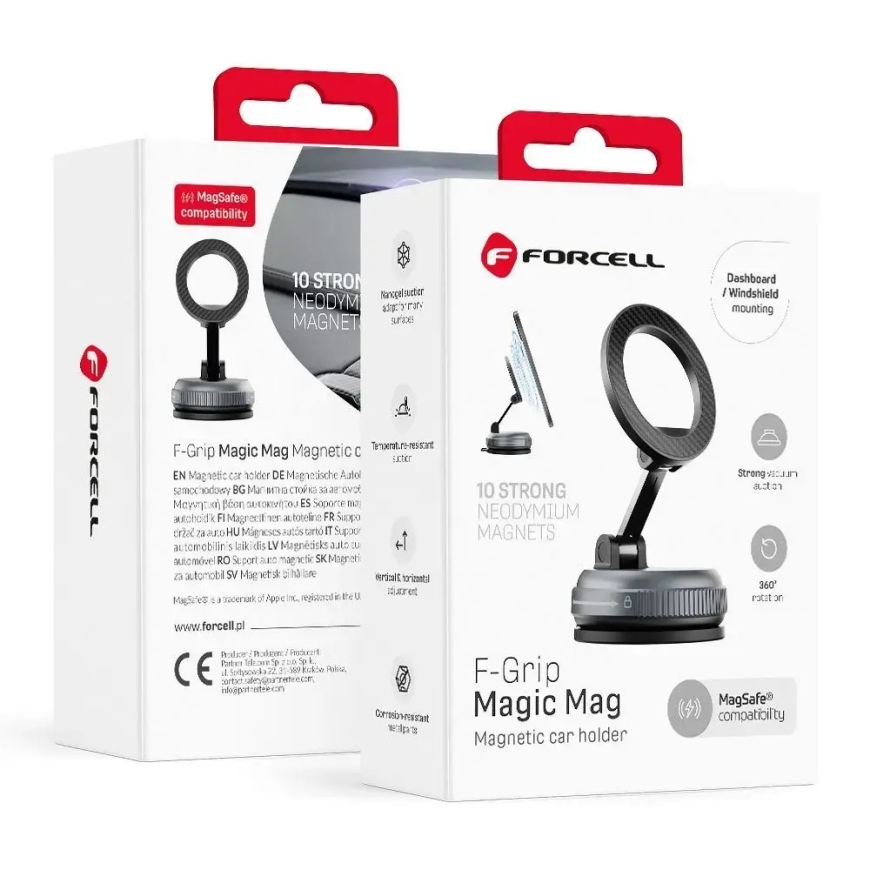 Forcell F-Grip Magic Mag magnetinis automobilinis telefono laikiklis su prisiurbtuku suderinamas su MagSafe juodas