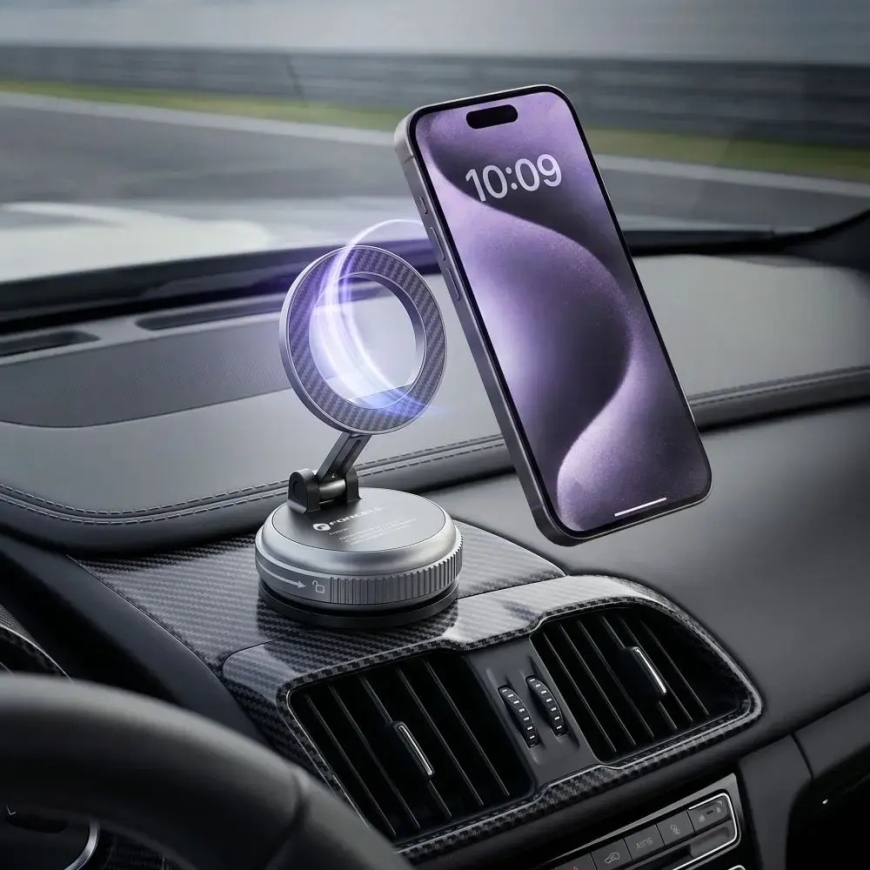 Forcell F-Grip Magic Mag magnetinis automobilinis telefono laikiklis su prisiurbtuku suderinamas su MagSafe juodas – 5