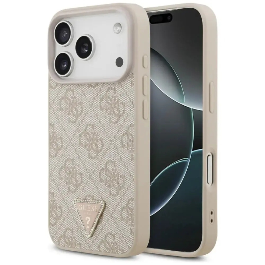 Guess Leather 4G Triangle Strass MagSafe -kuori iPhone 18 Pro / 17 Pro Vaaleanpunainen