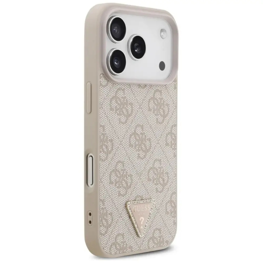 Guess Leather 4G Triangle Strass MagSafe dėklas iPhone 18 Pro / 17 Pro Rožinės spalvos – 4