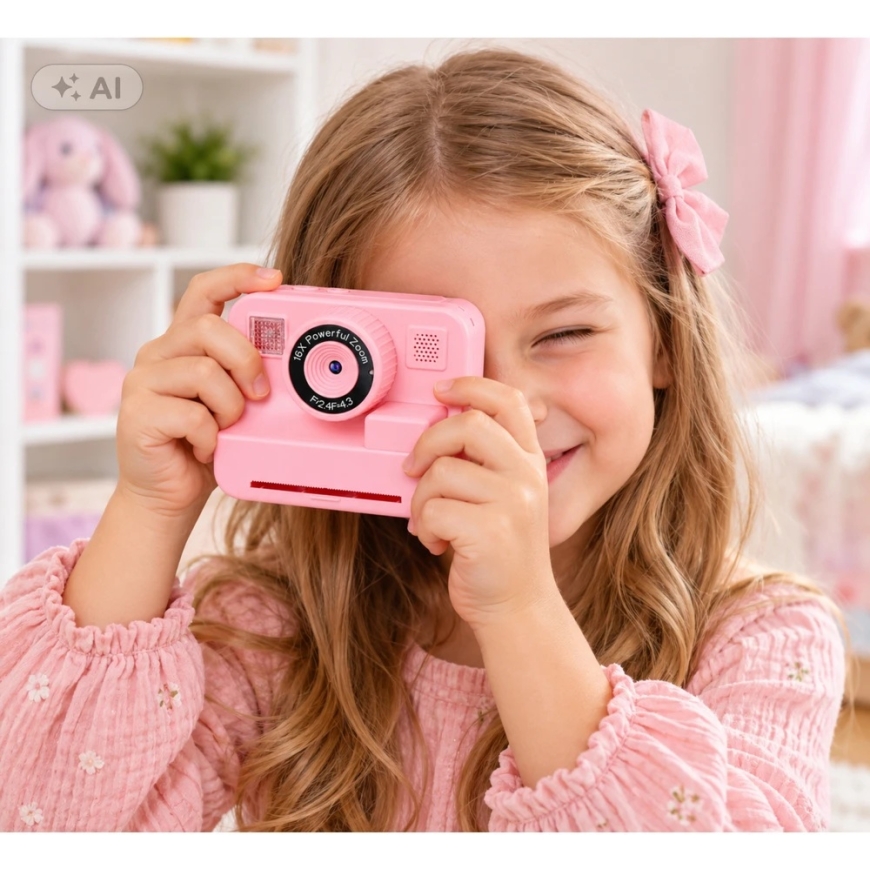 Lean Toys Kids Digital Camera with Instant Printer and 4 Thermal Paper Rolls, Pink, approximately 9.5 × 8 × 6 cm – 4