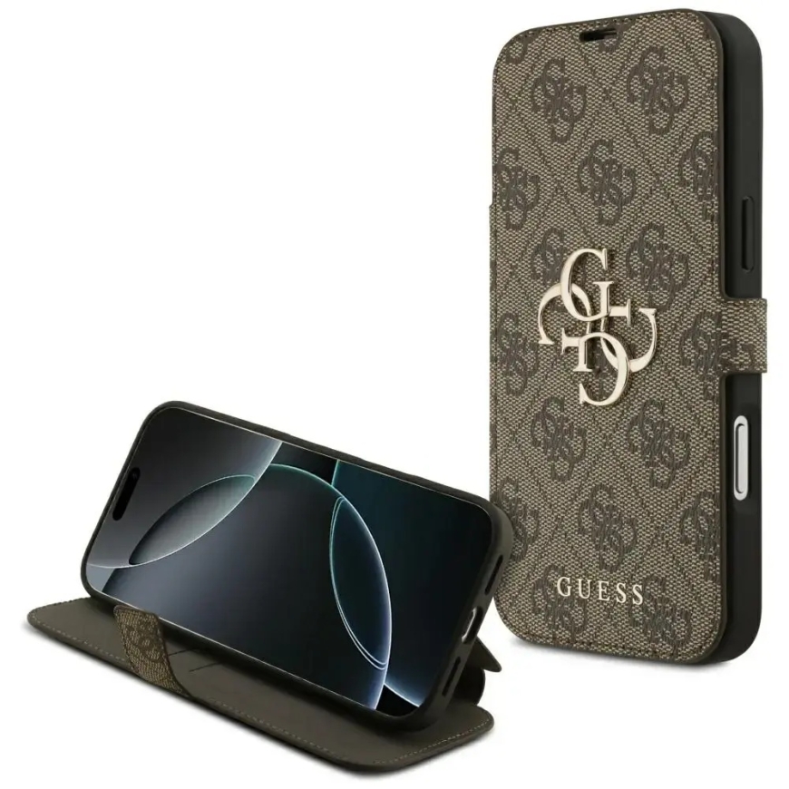 Guess 4G Metal Logo book type phone case for iPhone 18 Pro Max | iPhone 17 Pro Max brown