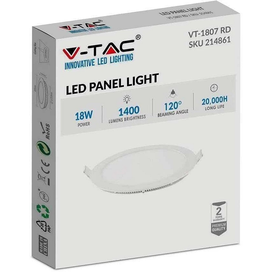 V-tac 18W LED встраиваемая панель, белая, 4000K, с блоком питания – 3