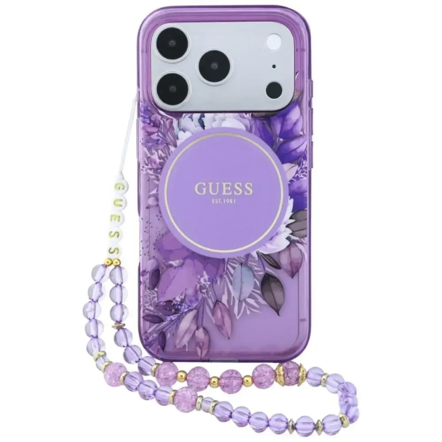 Guess IML Flowers Pearl Strap MagSafe maciņš iPhone 18 Pro / 17 Pro - Purpursarkans