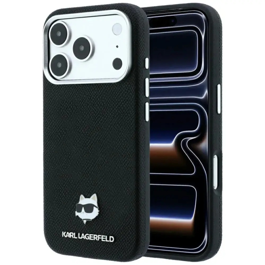 Karl Lagerfeld Grained Choupette Head Metal -puhelinsuoja MagSafe-tuelle iPhone 18 Pro Max | iPhone 17 Pro Max musta