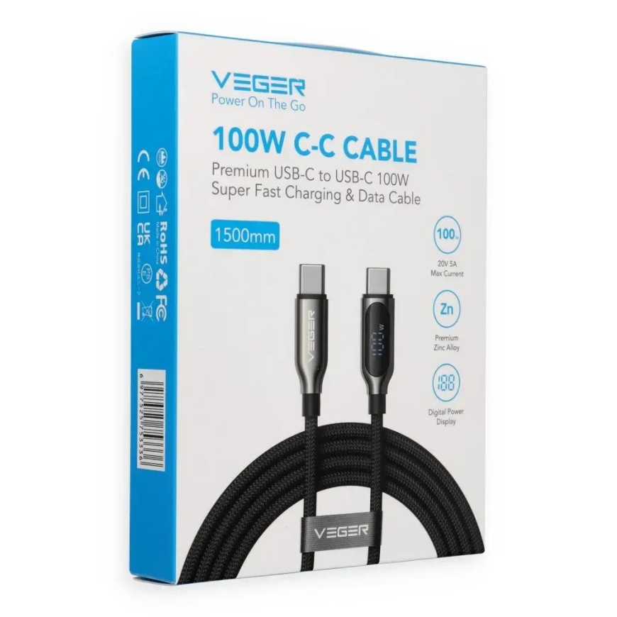 Veger CC1-XHJ data transfer and charging cable | USB-C to USB-C | PD | 100W | with LED display | 1.5m | black – 3