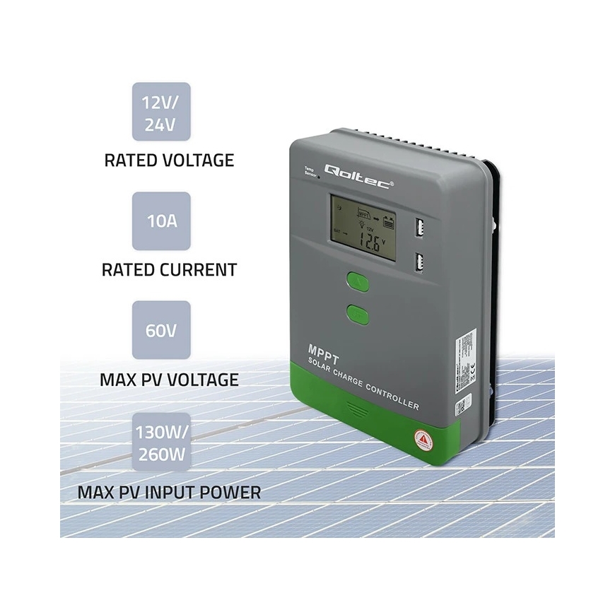 Qoltec MPPT солнечный контроллер зарядки 10A 12V/24V LCD 2xUSB – 5