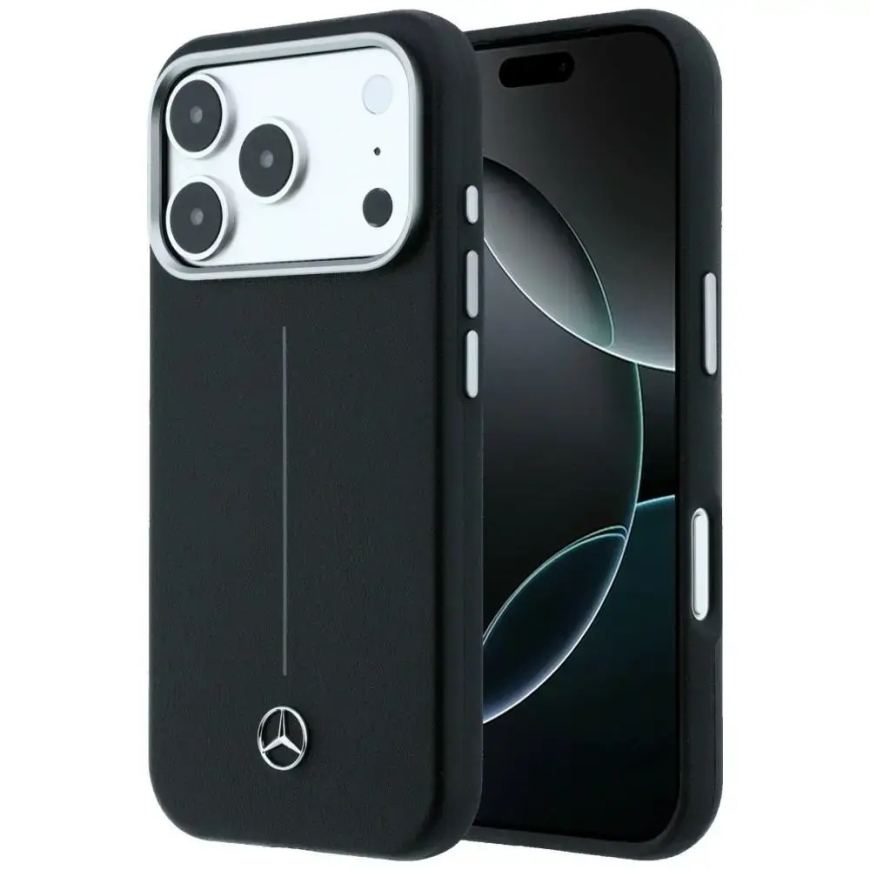 Mercedes Leather Semi Wrap Iconic Line telefono dėklas su MagSafe palaikymu iPhone 17 Pro Max juodas
