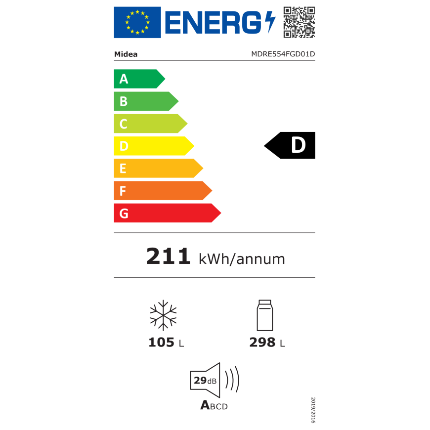 Midea ledusskapis | MDRE554FGD01D | Energoefektivitātes klase D