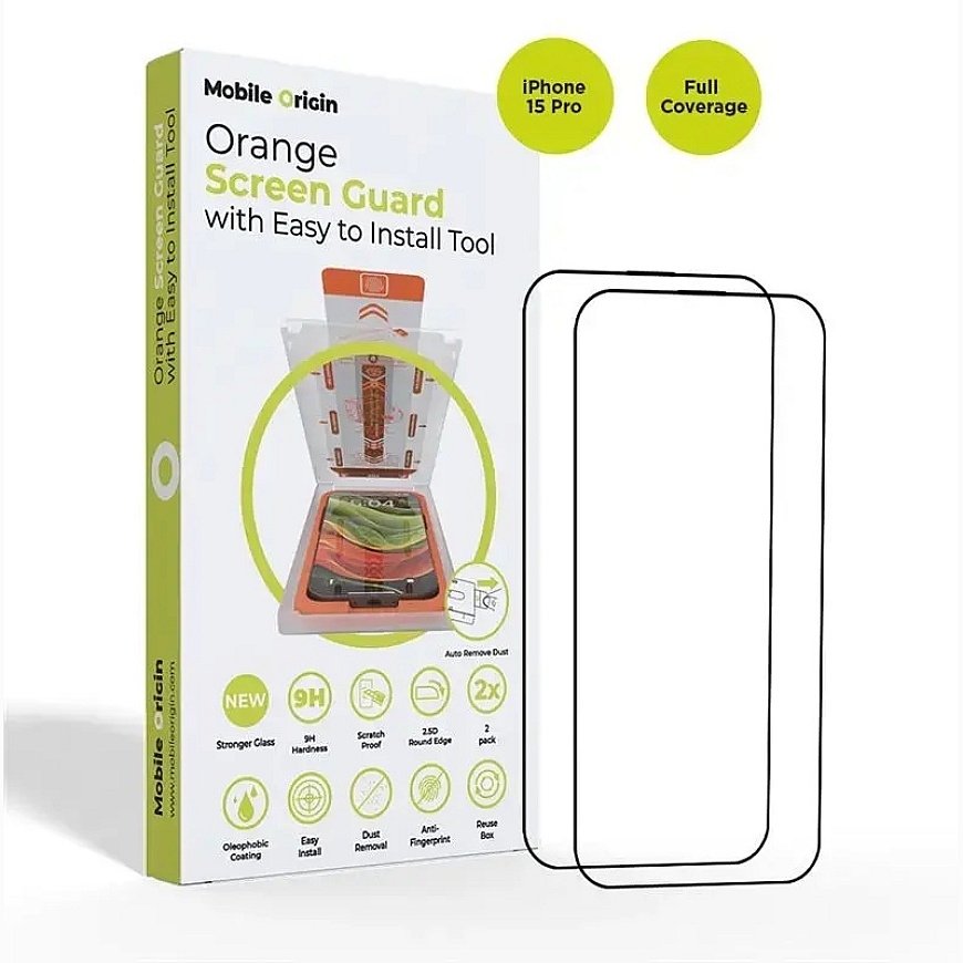 Mobile Origin Oranssi Näytönsuoja iPhone 15 Pro:lle helpolla applikaattorilla, 2 pakettia