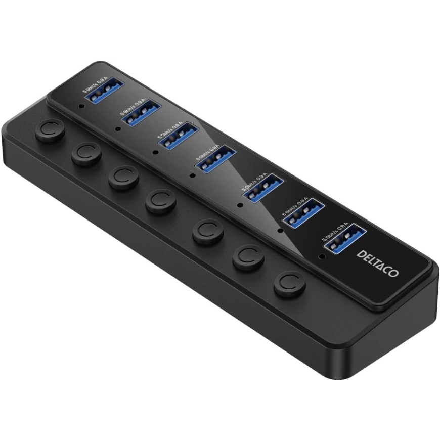 DELTACO USB-A jakaja, 7 USB-A-porttia, virtakytkimet, virtalähde mukana, musta / UH-739 / 1903172