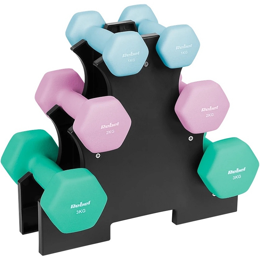 HEX valuraud neoprenista käsipainosetti 12 kg tikkaalla (2x1kg+2x2kg+2x3kg), REBEL ACTIVE