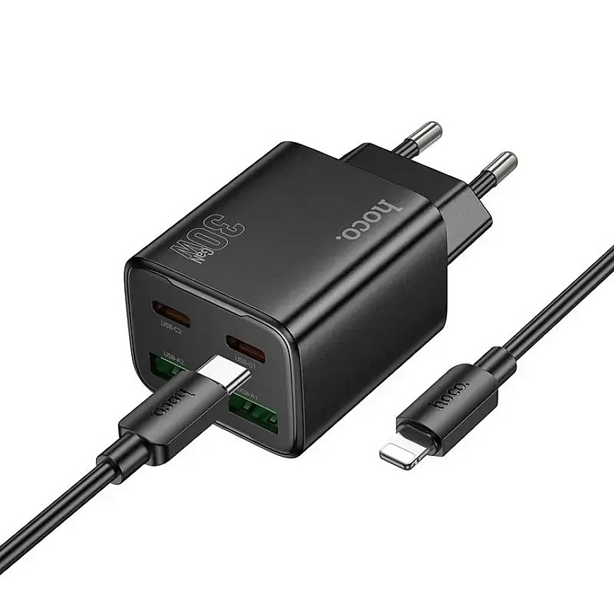 HOCO N56 travel charger | 30W | PD, QC, PPS | USB-C, USB-A | with USB-C to Lightning cable included | black