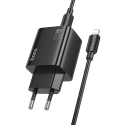 HOCO N56 kelioninis įkroviklis | 30W | PD, QC, PPS | USB-C, USB-A | su USB-C į Lightning laidu komplekte | juodas HOCO N56 kelioninis įkroviklis | 30W | PD, QC, PPS | USB-C, USB-A | su USB-C į Lightning laidu komplekte | juodas
