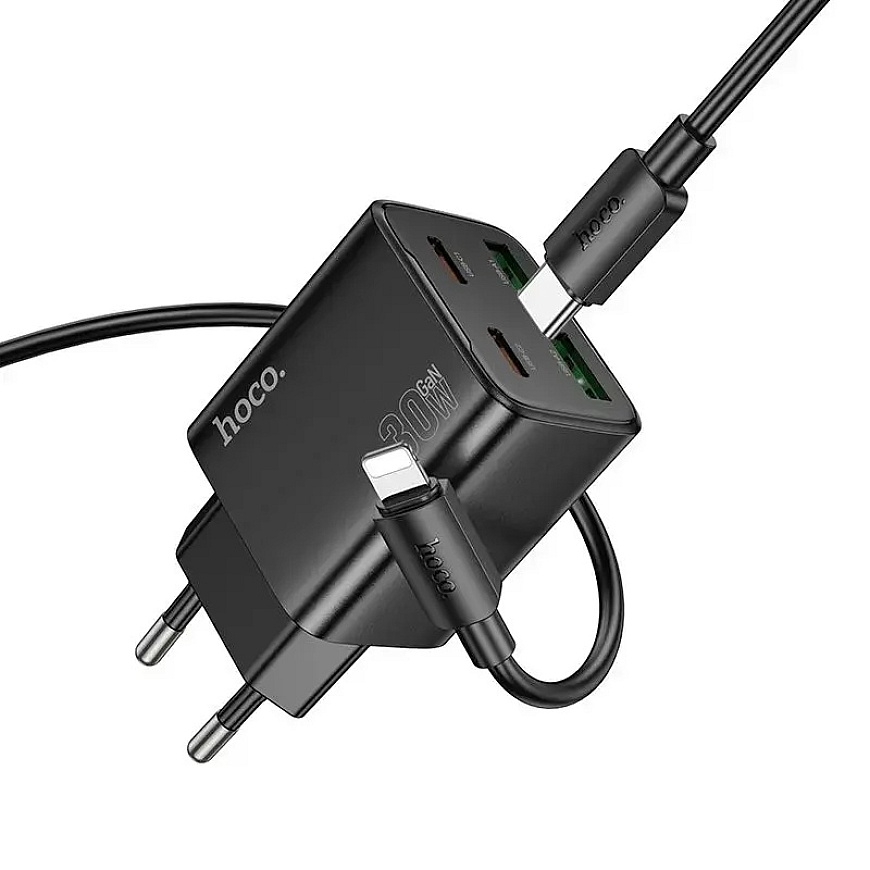 HOCO N56 reisilaadija | 30W | PD, QC, PPS | USB-C, USB-A | USB-C kuni Lightning kaabliga komplektis | must – 3
