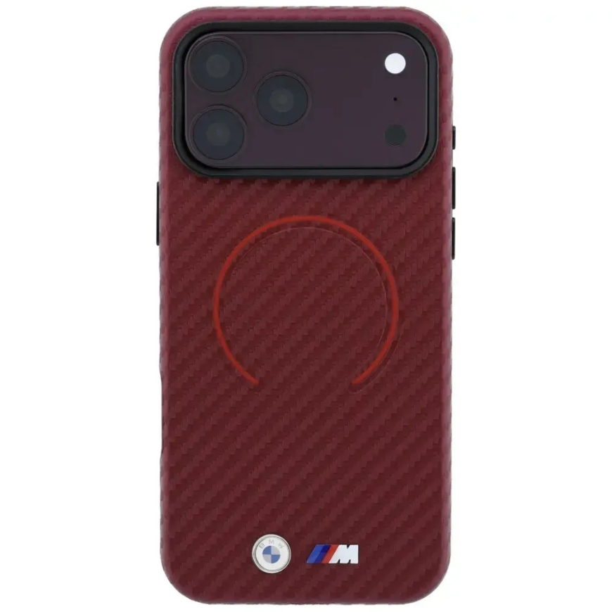 Чехол BMW M Carbon с печатью под магнит MagSafe для iPhone 18 Pro / 17 Pro бордового цвета – 3