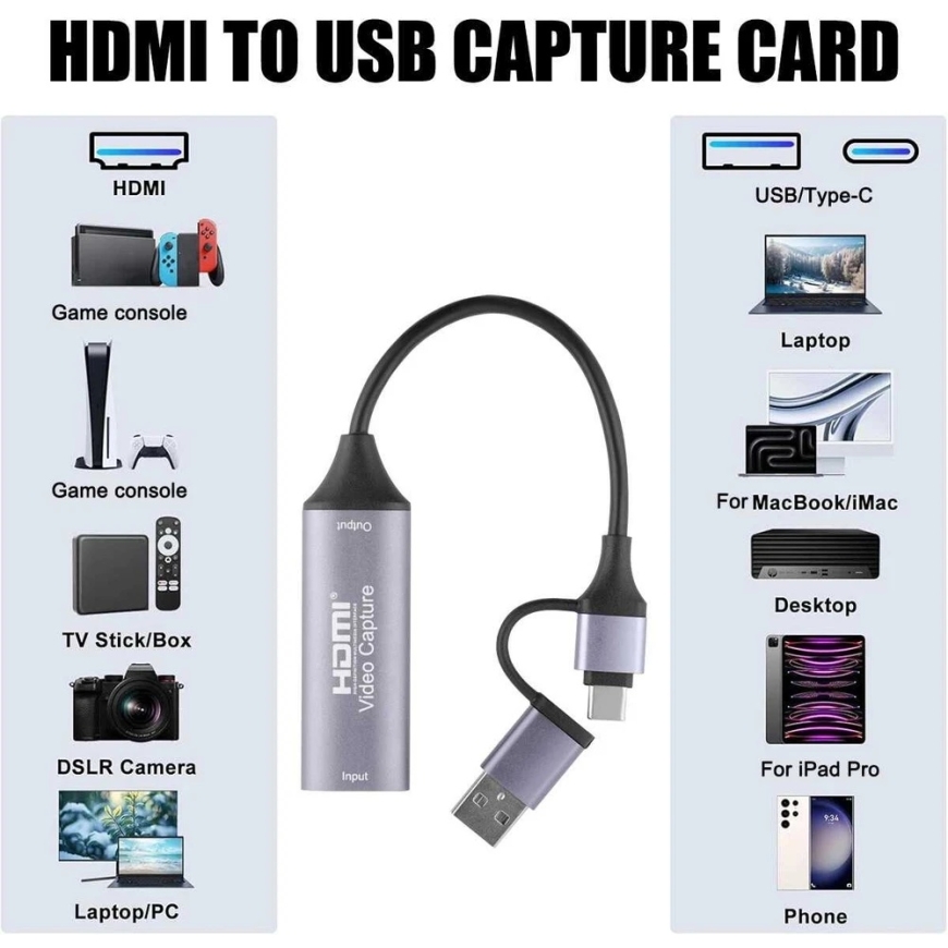 Ligawo PREMIUMCORD 4K@60Hz HDMI-video/äänisignaalin tallennusadapteri tietokoneeseen soittimella, jossa on USB3.0- ja USB-C-liit
