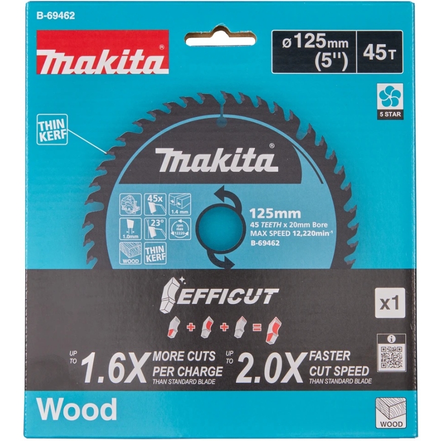 Makita T.C.T. режущие лезвия, 125x20/45T/1,4, Efficut B-69462 – 2