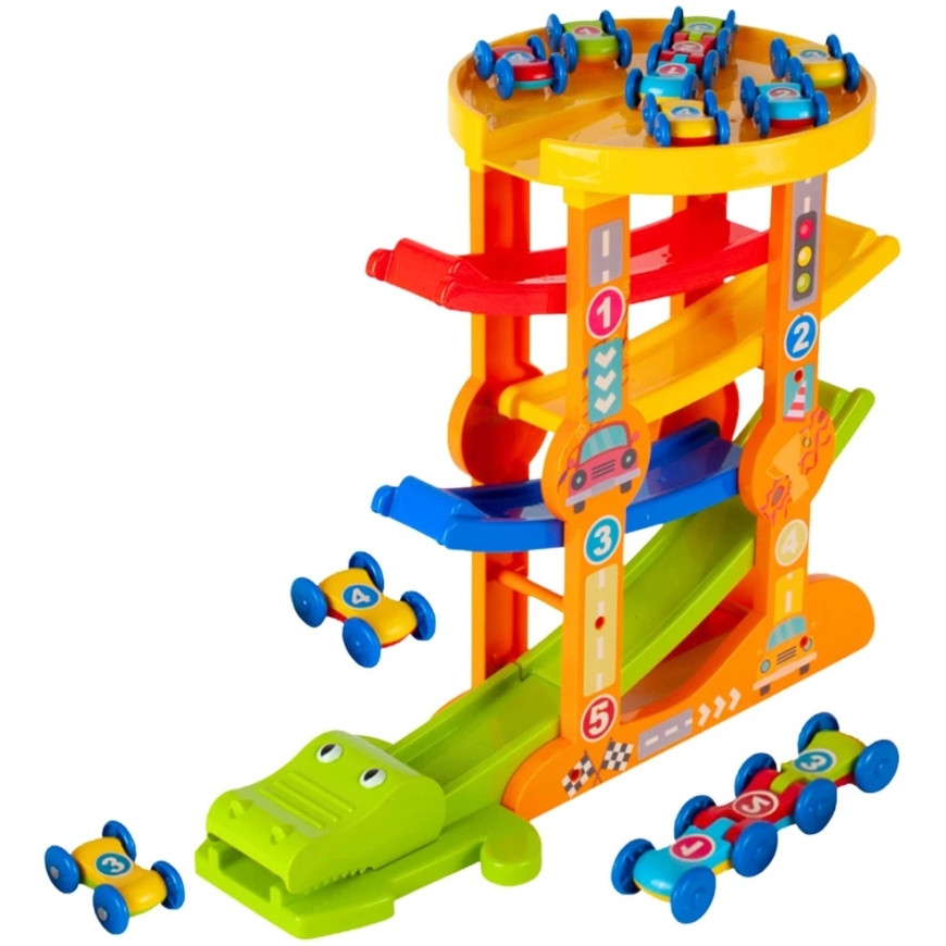 Lean Toys Automobiliukų trasa su paleidėju 5 lygiai – 5