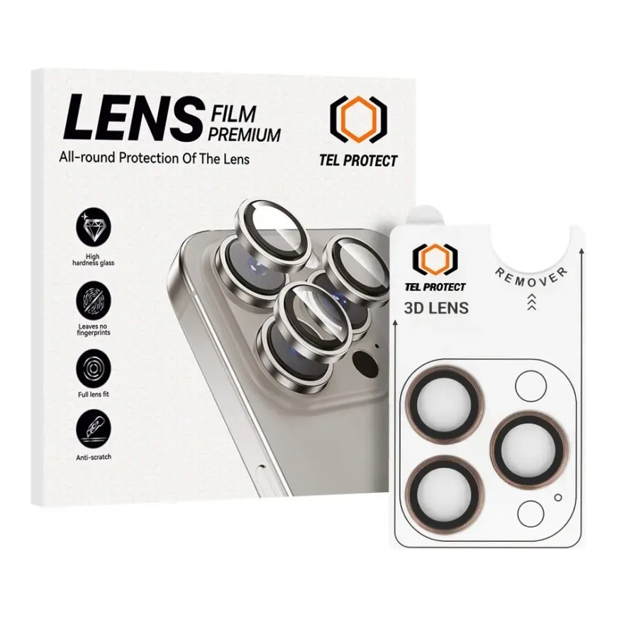 Lasinen suojalasi Tel Protect 3D kameralle Iphone 15 Pro/15 Pro Max titanium (linssit 3 kpl)