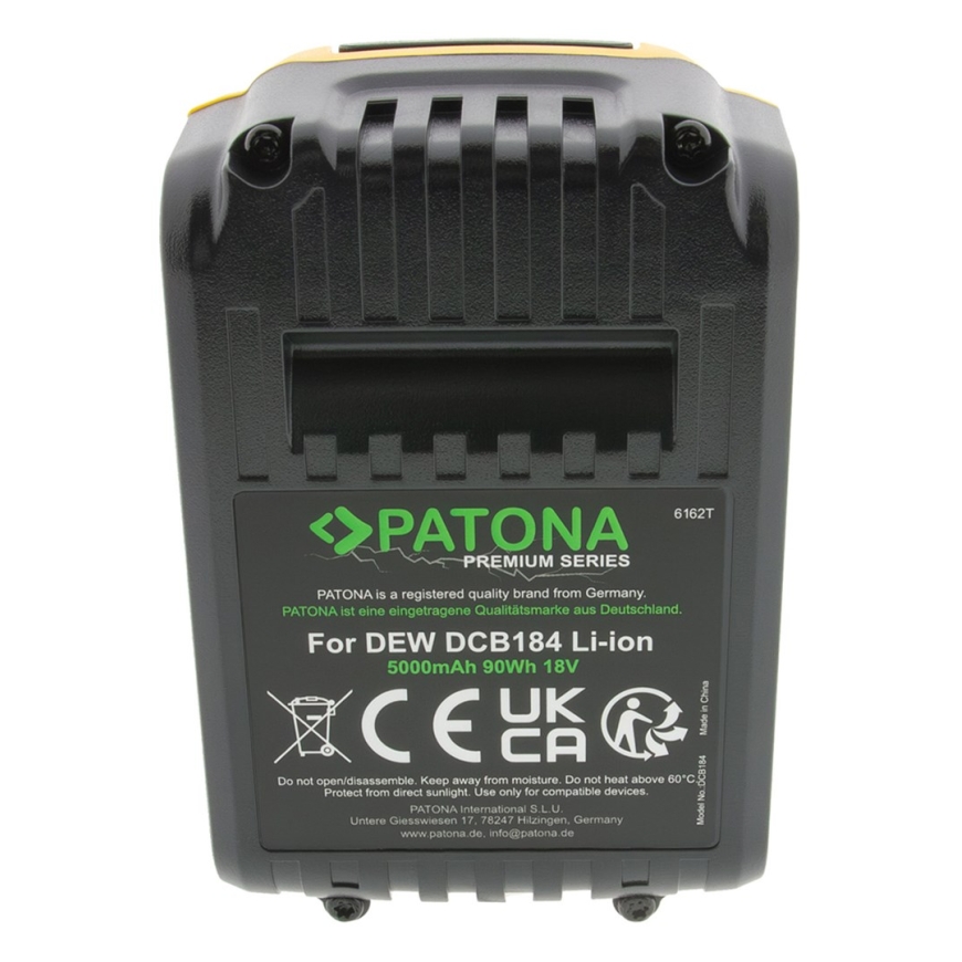 PATONA Premium -akku DeWalt DCB184 (18V 5.0Ah XR) musta, keltainen – 5
