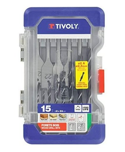 Grąžtų rinkinys medžiui Tivoly 15 vnt - 6 plokšti + 9 spiraliniai centruojančiu smaigaliu – 2