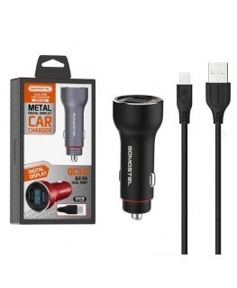 CAR CHARGER 5A Black METER + CABLE IPHONE SOMOSTEL 30W 2XUSB DUAL SMS-A89 QUICK CHARGE QC 3.0 METAL - POWER DELIVERY