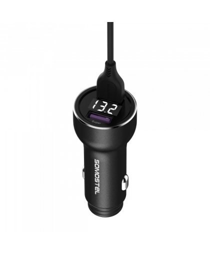 AUTolaadija 5A must + mõõtur + kaabel IPHONE SOMOSTEL 30W 2XUSB DUAL SMS -A89 QUICK CHARGE QC 3.0 METAL - POWER DELIVERY – 5
