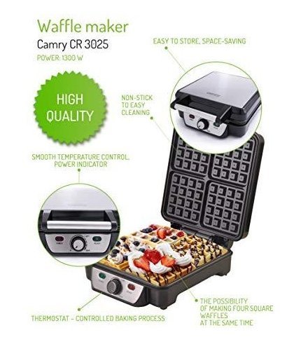 Camry Waffle CR 3025 1150 W, Number of pastry 4, Belgium, Black / Stainless Steel – 10