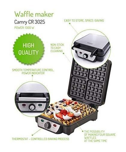 Camry Waffle CR 3025 1150 W, Number of pastry 4, Belgium, Black / Stainless Steel – 16