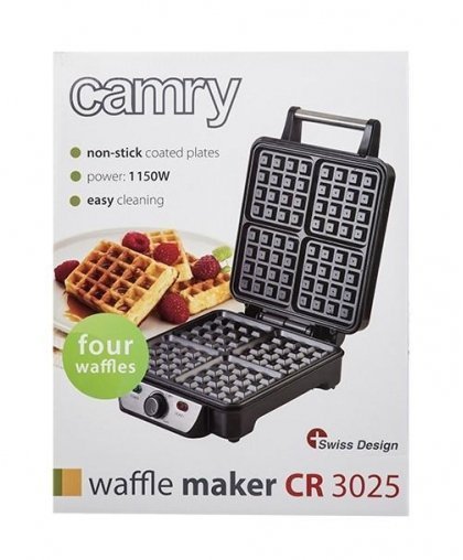 Camry Waffle CR 3025 1150 W, Number of pastry 4, Belgium, Black / Stainless Steel – 18