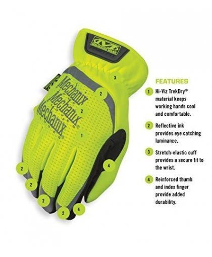 Mechanix Wear Gloves Mechanix FastFit® HiViz yellow size 11 / XL. Wrinkled cuff, faux leather, TrekDry®, reflective inscriptions – 5