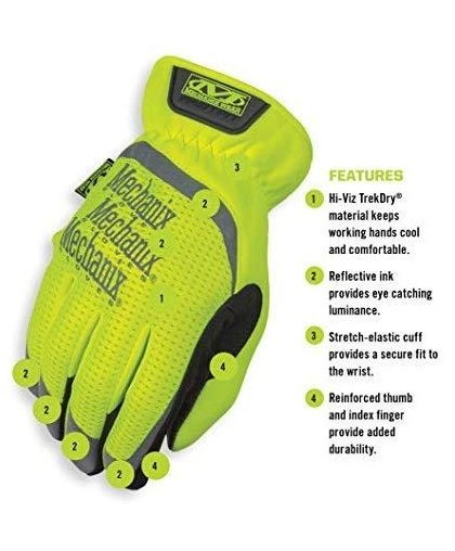 Mechanix Wear Gloves Mechanix FastFit® HiViz yellow size 11 / XL. Wrinkled cuff, faux leather, TrekDry®, reflective inscriptions – 9